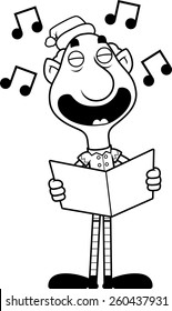 An illustration of a cartoon Christmas elf grandpa singing carols.