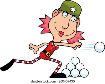 An illustration of a cartoon Christmas elf woman throwing a snowball.