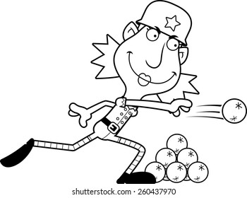 An illustration of a cartoon Christmas elf woman throwing a snowball.