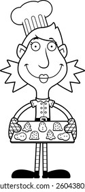 An illustration of a cartoon Christmas elf woman baking cookies.