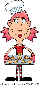An illustration of a cartoon Christmas elf woman baking cookies.