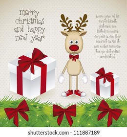 Illustration of cartoon Christmas Reindeer with gifts, Rudolph the reindeer, vector illustration