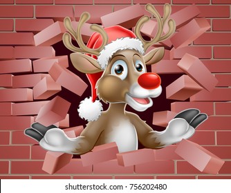 An illustration of a cartoon Christmas Reindeer in Santa Hat breaking through a wall background