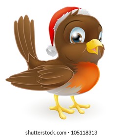 An illustration of a cartoon Christmas Robin in a Santa hat