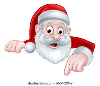 An illustration of a cartoon Christmas Santa peeking over and pointing down at a sign