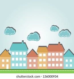 Illustration of cartoon city houses and clouds