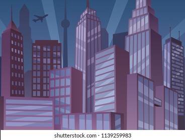 Illustration of cartoon cityscape at night with art deco buildings. 