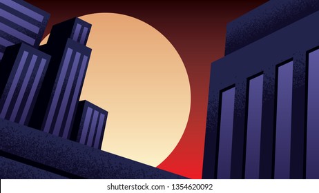 Illustration Of Cartoon Cityscape At Night In Comic Book Style.