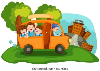 illustration of  cartoon cityscape school bus