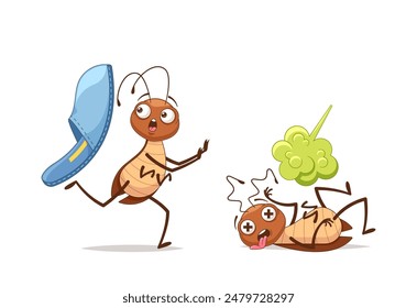 Illustration Of Cartoon Cockroaches, One Escaping A Slipper In Fear While The Other Lies Dazed After Being Hit By Poison