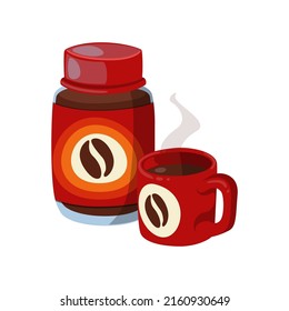 An Illustration of a Cartoon Coffee Can With a Nearby Cup in Which a Hot Coffee Drink is Splashing. White Background. Picture for Catalogues of Magazines Menu or Coffee Shop Logo