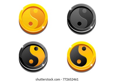 Illustration cartoon coins golden Yin Yang on white background