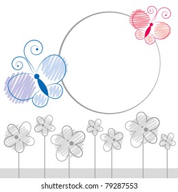 illustration with cartoon color butterflies and gray flowers