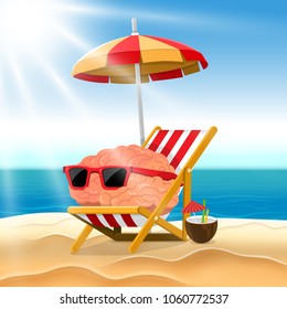 Illustration cartoon concept brain relax on the beach. Vector illustrate.