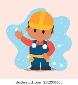 Illustration of a cartoon construction worker smiling and waving, wearing a yellow hard hat. Vector illustration