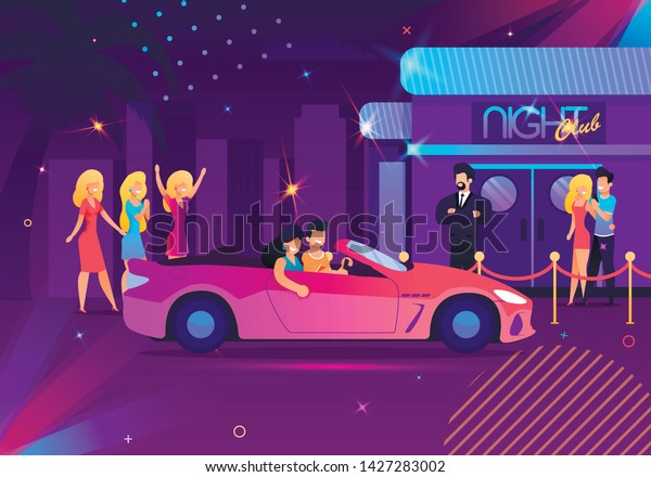 Illustration with\
Cartoon Couple Driving Car, Pretty Girls Coming in Nightclub,\
Girlfriend and Boyfriend Past Face Control. Dance Party, DJ Fest or\
Music Festival in Tropical Vector\
City