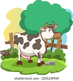 illustration of Cartoon cow standing on grass