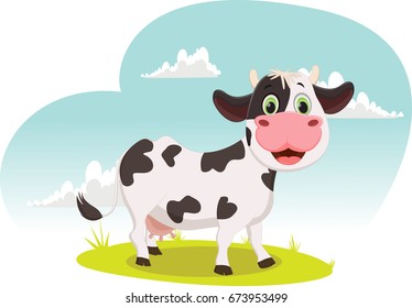  illustration of Cartoon cow standing on grass