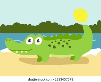 Illustration of a cartoon crocodile walking on the shore. An illustration with a funny crocodile. The crocodile is at his usual place of residence. Children's, printing for children's books
