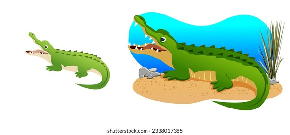 Illustration of a cartoon crocodile walking on the shore. An illustration with a funny crocodile. The crocodile is at his usual place of residence. Children's, printing for children's books