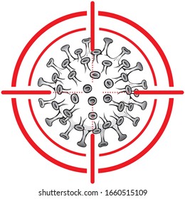 Illustration cartoon with crosshairs over corona virus a microorganism, COVID-19, H1N1, disinfection, sterilization or sanitization. Ideal for educational and institutional material