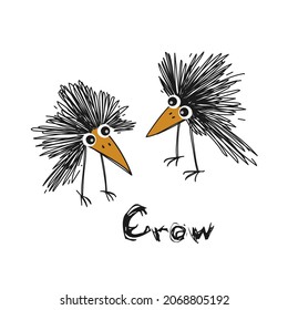 Illustration of cartoon crows. The crow is drawn by a line by hand in a cartoon style.