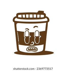 illustration cartoon a cup coffee with sad face good for sticker or t shirt design.