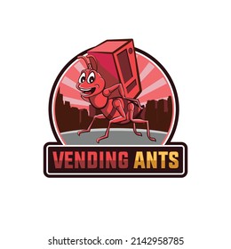 illustration of cartoon cute an ant holding a vending machine with urban background, logo design mascot vector