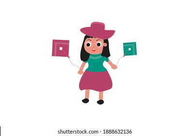 ilustración de la caricatura linda linda chica gorbia con sombrero y portando coloridos cometas aisladas en fondo blanco arte creativo para el festival indio makar sankranti vector. 