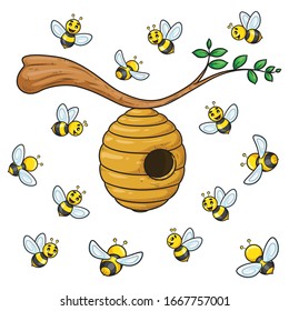 Illustration cartoon of cute bees with beehive.