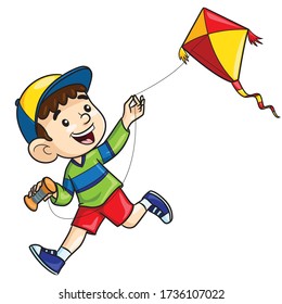 Illustration cartoon of cute boy playing kite.