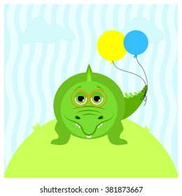 Illustration of a cartoon cute crocodile with balloons and with glasses. 