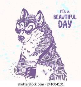 illustration cartoon cute doodle husky dog with glasses and camera