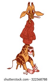 Illustration of cartoon cute giraffe measures the temperature and drinks tea