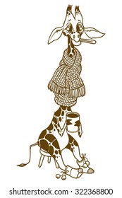 Illustration of cartoon cute giraffe measures the temperature and drinks tea