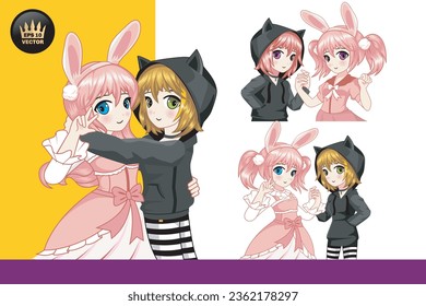 illustration cartoon cute girl friendship rabbit and cat svg
