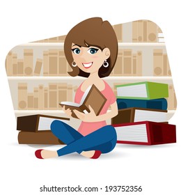 illustration of cartoon cute girl reading book in library