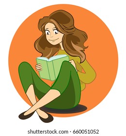 illustration of cartoon cute girl reading book in library