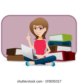 illustration of cartoon cute girl using laptop
