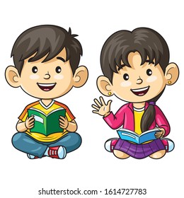 Illustration cartoon of cute kids reading book.