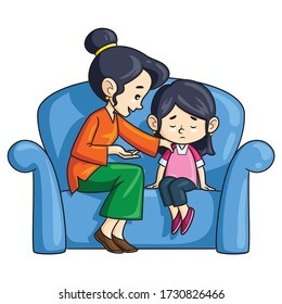 Illustration cartoon of cute mother advising her daughter.