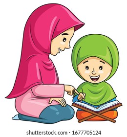 Illustration cartoon of cute a Muslim girl learning to recite the Quran with her mother.