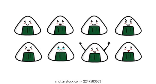 The illustration is a cartoon of a cute Onigiri, a traditional Japanese rice ball snack, with a playful expression. It's usually filled with fish, meat, or vegetables.