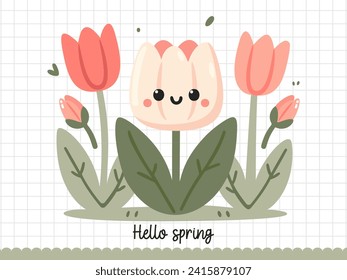 Illustration of a cartoon cute pink tulip.