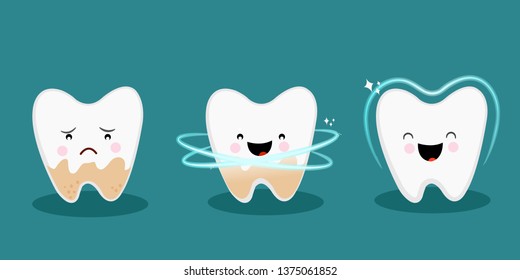 Illustration of Cartoon Cute Teeth Character Becoming Healthy