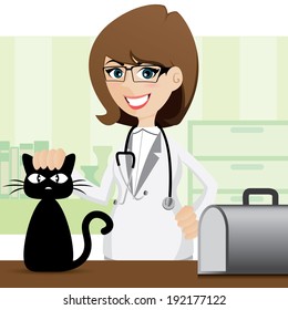 Illustration Of Cartoon Cute Veterinarian And Cat