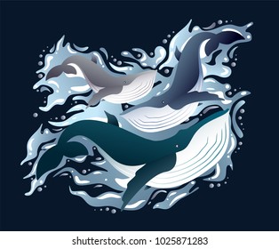Illustration of cartoon cute whales family sea animals set. Sea collection of mammals