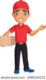 Illustration of cartoon delivery man holding a package