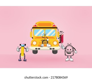 illustration cartoon design graphic 3d off school bus in yellow, pencil, ruler, book, bag with pink background, perfect for education, campaign back to school, banner school, sticker icon etc