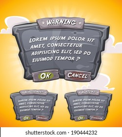 Illustration of a cartoon design ui game stone information panel with text and buttons, on orange yellow summer sky